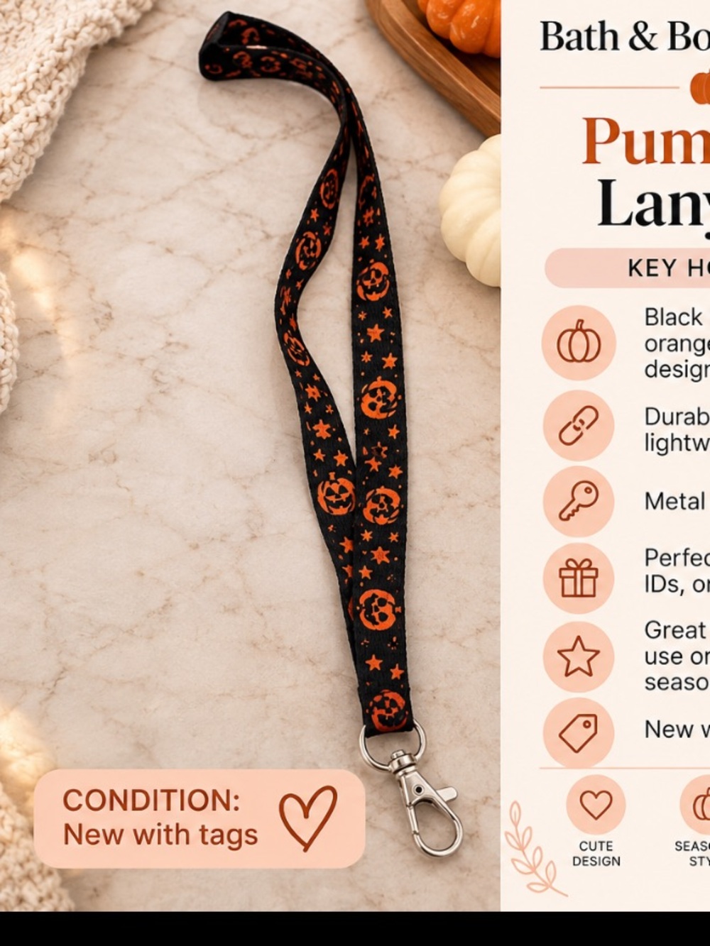 Bath & Body Works Black and Orange Pumpkin Lanyard Key Holder